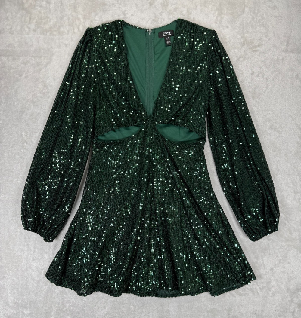 Privy Emerald Green Sequin Cutout Mini Dress L NYE Holiday Party Cocktail